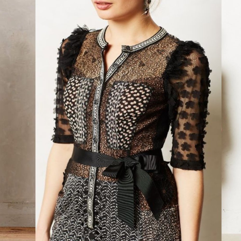 Byron Lars Black Lace & Cream Patterned Midi Dress